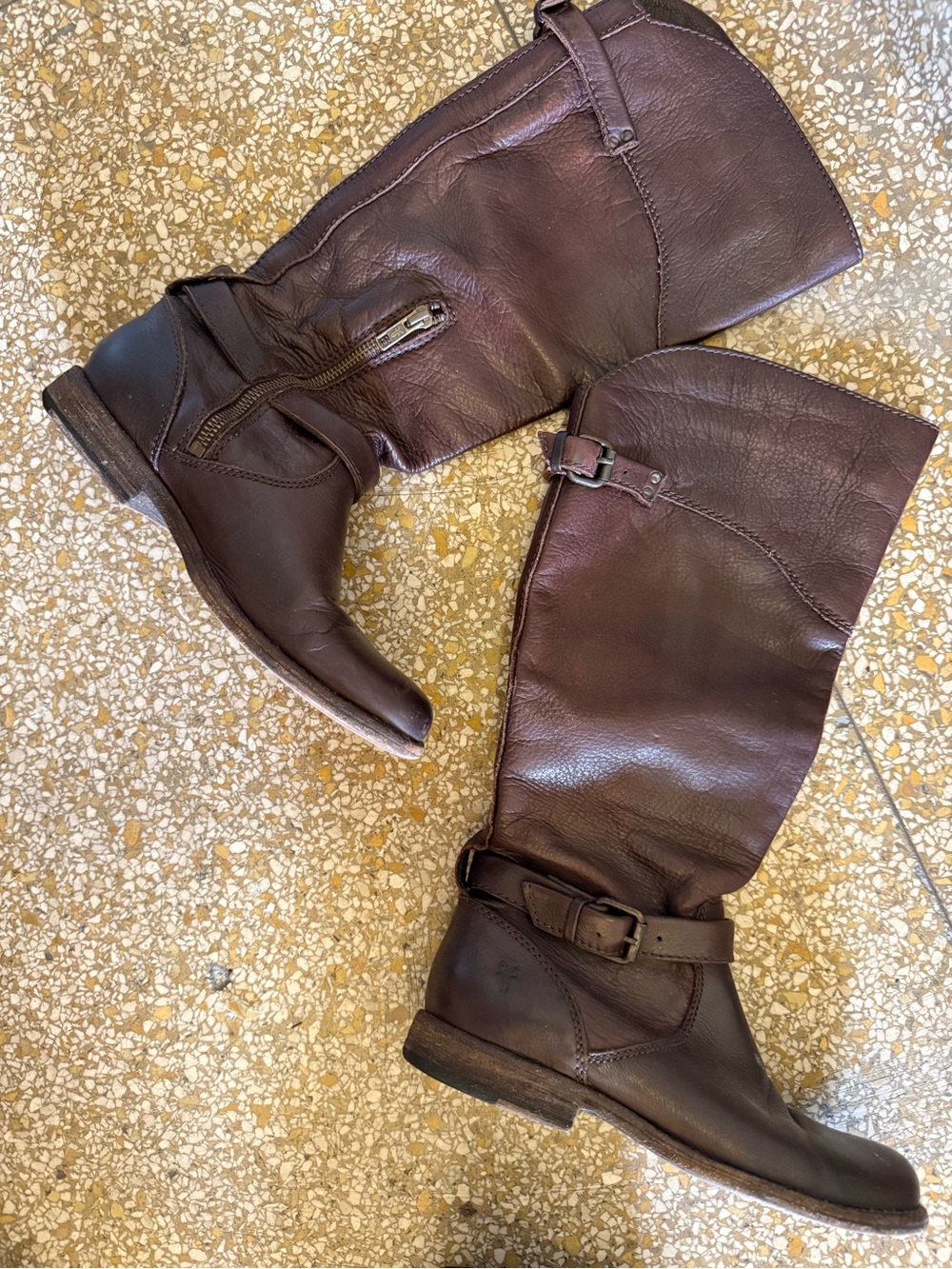 Frye Brown Leather Tall Riding Moto Boots Side Zip Buckles